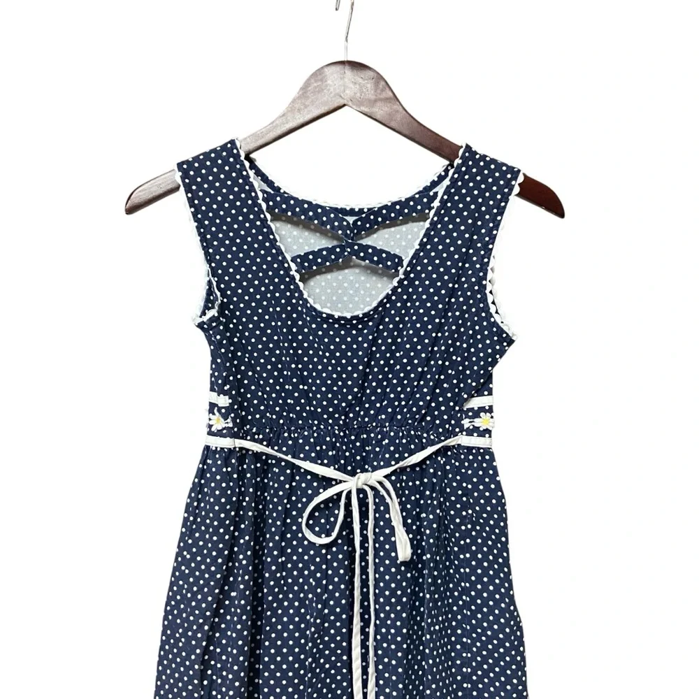 Vintage 90s Rare Editions Dress Girls Size 14 Polka Dot Daisy Appliqué Dress
